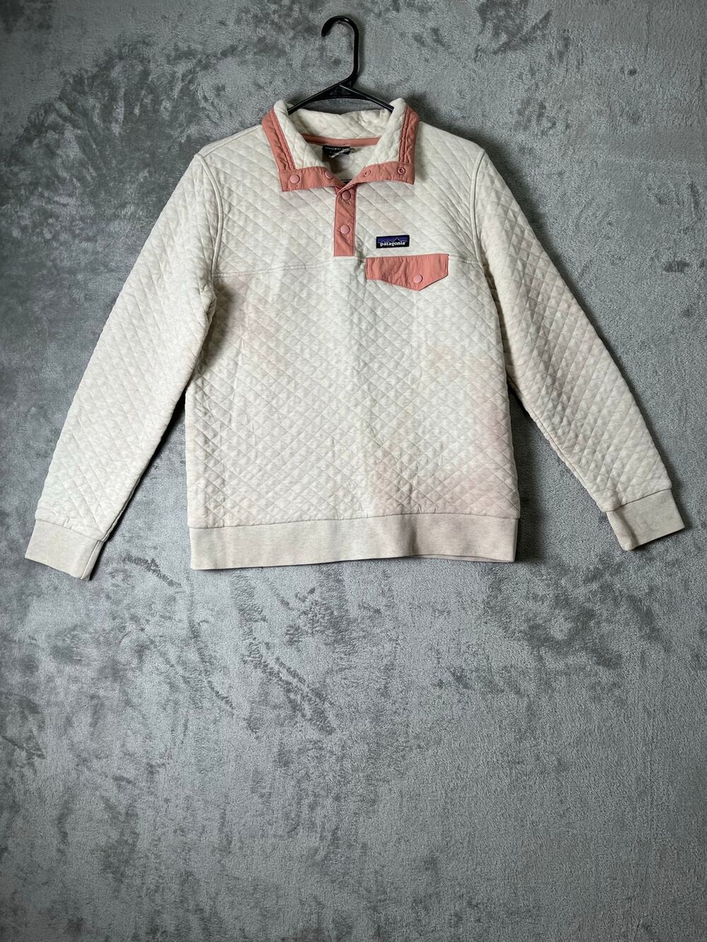 Patagonia Organic Cotton Quilted Snap T Pullover Sweater Cream Pink Women’s M